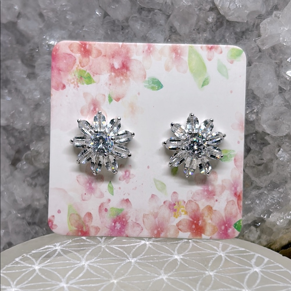 Elegant Silver Cz Floral Stud Earrings